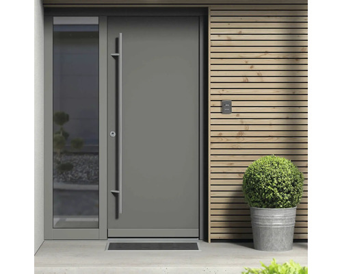 Porte d''entrée avec partie latérale, barre de préhension et sonnette à côté d''une façade en bois