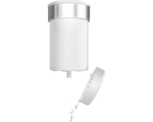 Seifenspender mit geöffnetem Deckel und auslaufender Flüssigseife