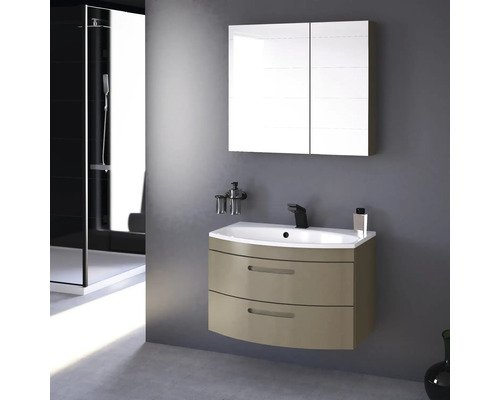 Salle de bains avec meuble sous-lavabo, lavabo et armoire de toilette