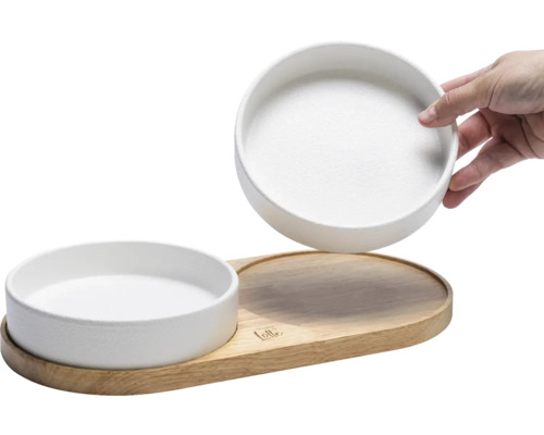 Gamelle double avec support en bois et deux gamelles en céramique amovibles