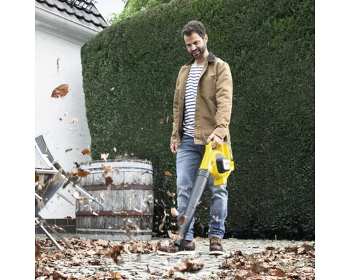 Un homme utilise un aspirateur de feuilles dans le jardin pour enlever les feuilles.