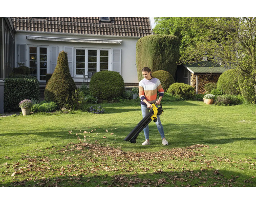Frau benutzt einen Laubbläser im Garten, um Herbstlaub zu entfernen.
