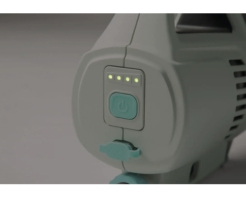 Detailansicht eines Akku-Staubsaugers mit Akkuanzeige und Ein-/Ausschalter