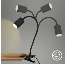 Schwarze Klemmleuchte mit flexiblem Hals und Drehsymbol.