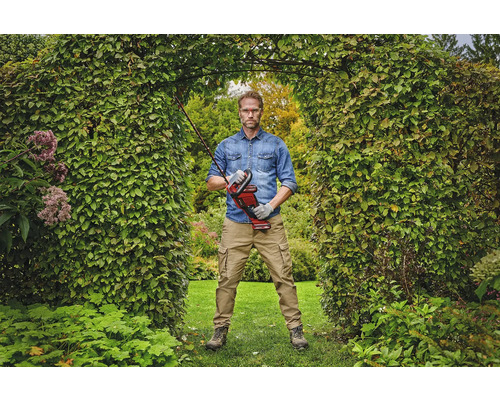 Un homme se tient dans une arche de jardin et tient un taille-haie sans fil.
