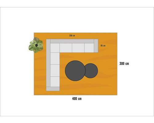 "Vue de dessus d''un jardin avec canapé d''angle, deux tables rondes et une plante 