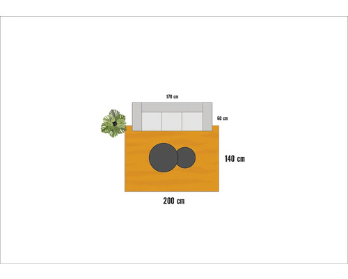 Vue de dessus d''un salon de jardin avec canapé, table basse et plante avec indications de taille