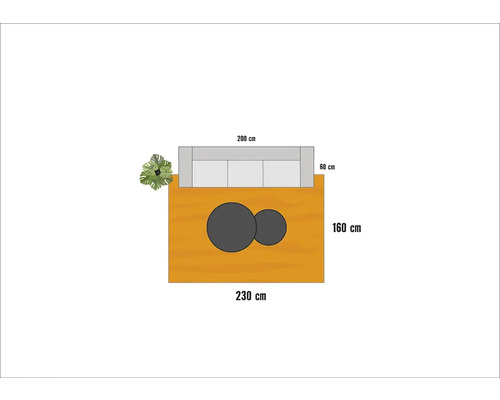 Plan de pièce avec canapé, table et plante avec dimensions