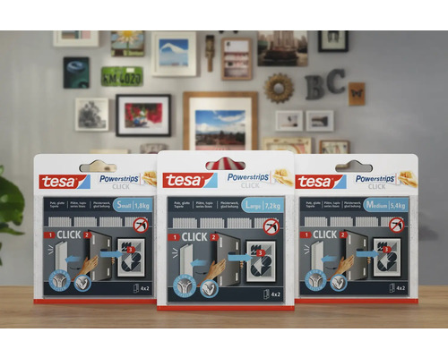 Tesa Powerstrips Click in den Größen Small, Medium und Large zur Befestigung von Objekten
