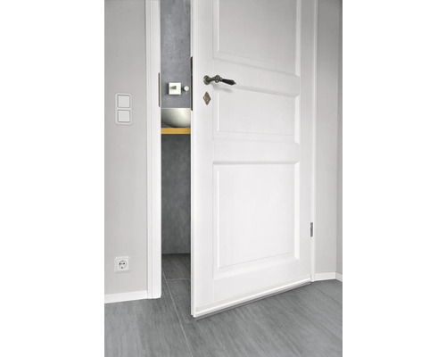 Porte intérieure blanche partiellement ouverte avec ferrures