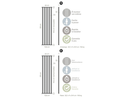 Schéma technique d''un élément de clôture avec des dimensions et des instructions de montage