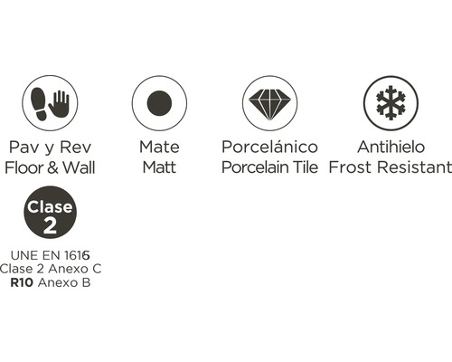 Symbole pour sol et mur, mat, carreau de porcelaine, résistant au gel, classe 2, UNE EN 1616 classe 2 annexe C, R10 annexe B