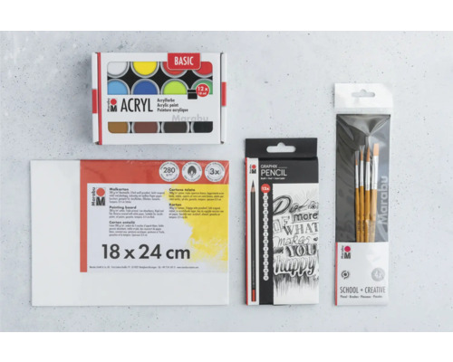 Peintures acryliques Marabu, carton à peindre, crayons graphite et pinceaux pour l''école et les loisirs