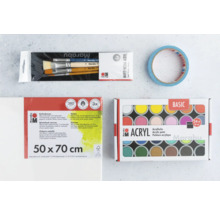 Ensemble avec toile, peintures acryliques, pinceaux et ruban adhésif