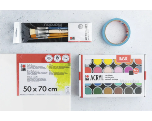 Ensemble avec toile, peintures acryliques, pinceaux et ruban adhésif