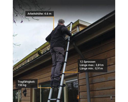 Eine Person benutzt eine ausziehbare Aluminiumleiter mit zwölf Sprossen an einem Haus, maximale Länge 3,81 Meter, minimale Länge 0,91 Meter, Arbeitshöhe 4,6 Meter, Tragfähigkeit 150 Kilogramm