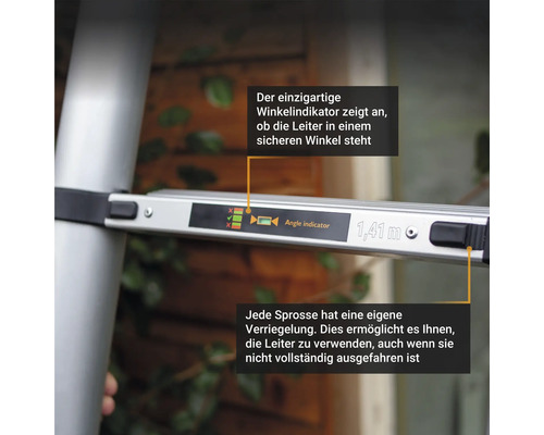 Detailansicht einer Leiter mit Winkelanzeige und Einzelsprossenverriegelung