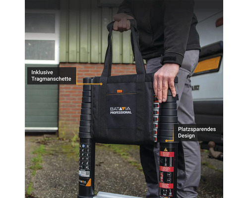 Zusammengeklappte Teleskopleiter in einer Tragetasche mit Tragegriffen.
