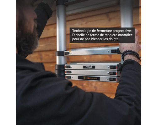 Échelle télescopique avec mécanisme de protection des doigts.