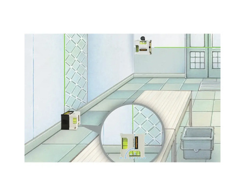 Illustration eines Raumes mit Laserwasserwaagen zur Ausrichtung