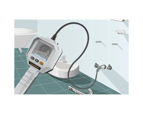 Illustration eines Badezimmers mit einer Rohrinspektionskamera, die eine Verstopfung im Abfluss zeigt