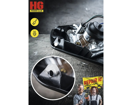 Gros plan d''un phare réparé avec de la colle, logo HG Power Glue