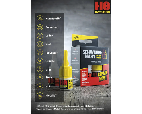HG Power Glue pour plastiques, porcelaine, cuir, verre, polyester, caoutchouc, GFK, pierre, bois et métaux