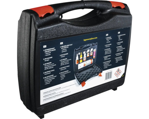 Boîte à outils noire avec kit de colle HG Powerglue
