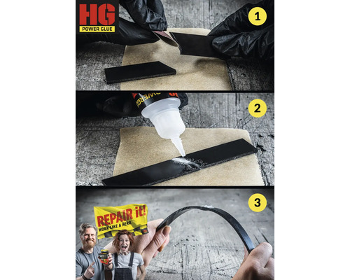 Trois séquences d''images montrent l''application de colle pour réparer un objet : ponçage de la surface, application de la colle et assemblage des pièces.