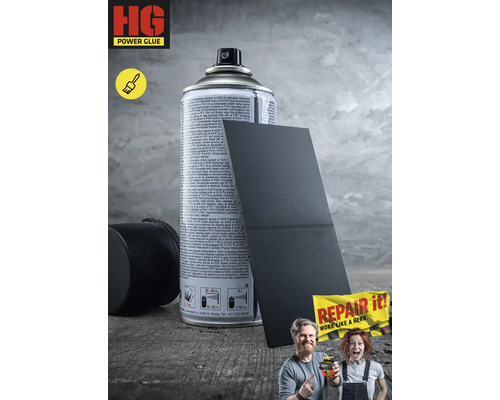 Bombe aérosol avec de la colle et un morceau de matériau rectangulaire collé.