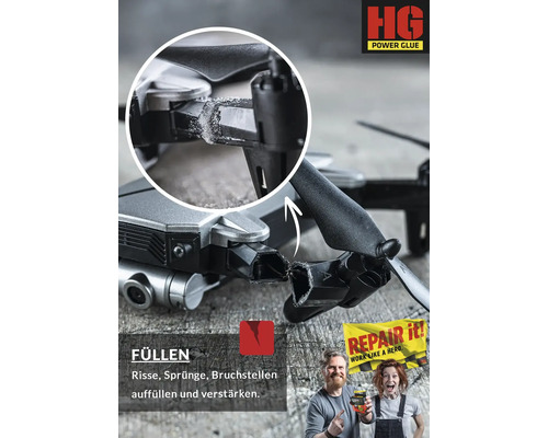 Application de HG Power Glue sur un drone endommagé pour réparer les fissures et les cassures.