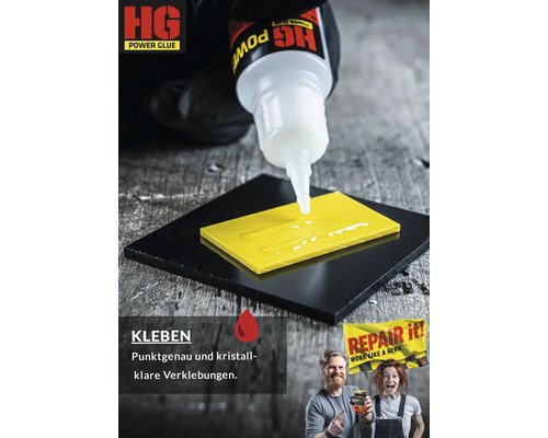 Application de colle transparente HG Power Glue sur une pièce en plastique jaune