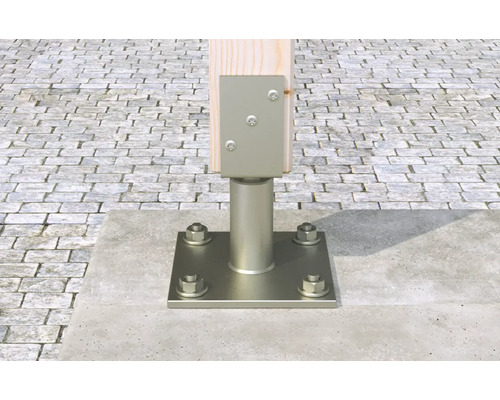 Pfostenfuß aus Stahl zur Befestigung eines Holzpfostens auf einem Betonfundament