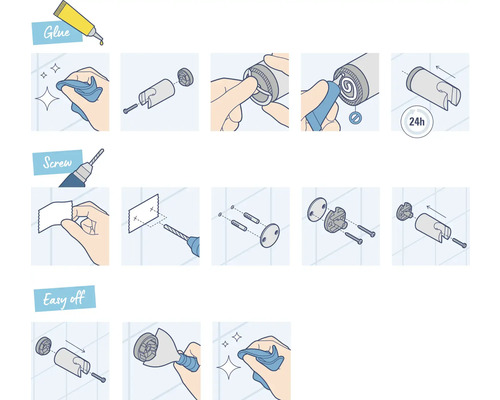 Instructions pour le montage d''un accessoire de salle de bain avec collage et vissage