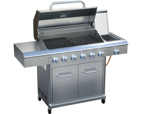 Edelstahl-Gasgrill mit sechs Brennern, Ablageflächen und Unterschrank