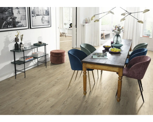 Wohnraum mit Esstisch, Stühlen und Laminatboden.