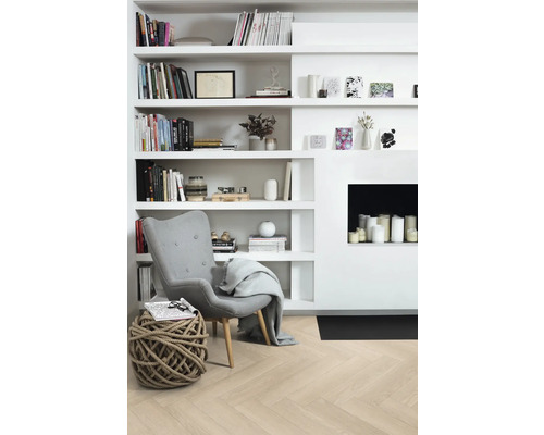 Wohnzimmer mit Bücherregal, Sessel und Dekoration