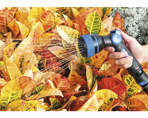 Une personne arrose des plantes avec un pulvérisateur de jardin.