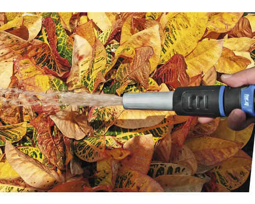 Scène de jardin avec une lance d''arrosage qui pulvérise des feuilles