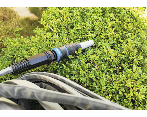 Tuyau d''arrosage avec raccord sur une plante verte