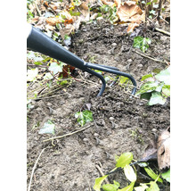 Cultivateur à griffes de jardin utilisé sur un tas de terre avec du lierre