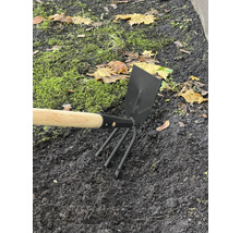 Outil de jardin avec manche en bois et dents à trois broches dans la plate-bande