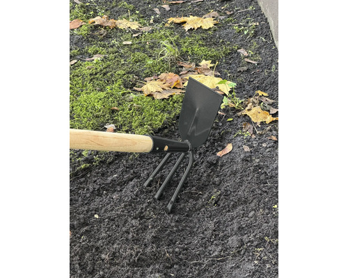 Outil de jardin avec manche en bois et dents à trois broches dans la plate-bande