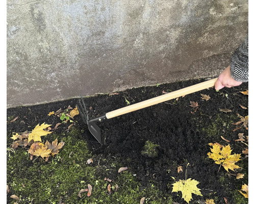 Binette de jardin avec manche en bois utilisée pour ameublir le sol