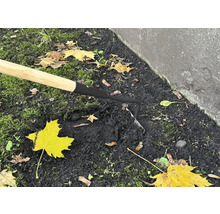 Gros plan d''une houe avec manche en bois dans la terre du jardin.