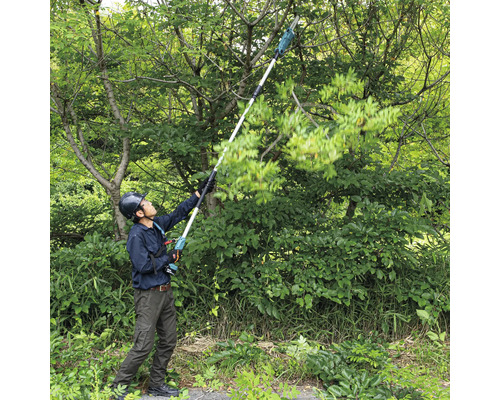 Une personne utilise une élagueuse sur perche pour tailler les arbres.