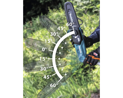 Logo Makita. Représentation d''une ébrancheuse à batterie avec tête de coupe réglable sous différents angles.