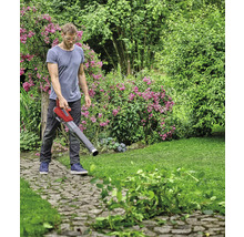Un homme utilise un aspirateur de feuilles dans le jardin pour enlever les feuilles et les déchets de jardin.