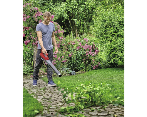 Un homme utilise un aspirateur de feuilles dans le jardin pour enlever les feuilles et les déchets de jardin.