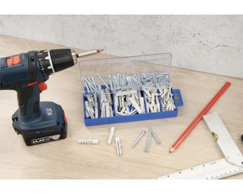Akkuschrauber, Schrauben und Dübel-Sortiment auf einer Arbeitsfläche